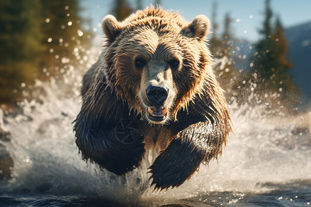 河流里狂奔的灰熊背景图片