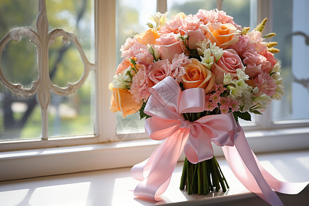 窗台上的婚礼捧花背景图片