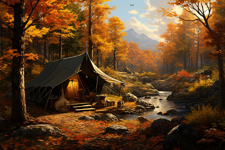 秋色森林中的帐篷营造温馨的氛围背景图片