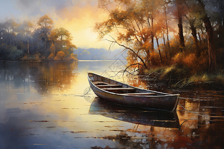 落日映照湖畔渔舟背景图片