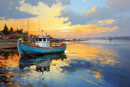 河畔渔船油画背景图片