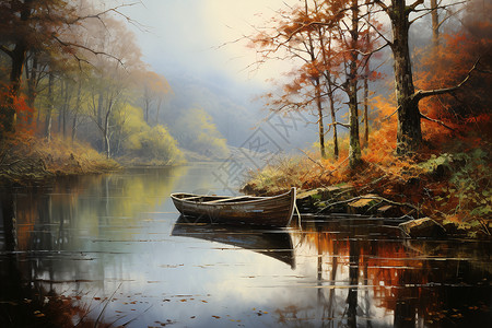 江边渔船的油画背景图片
