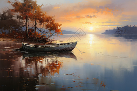 夕阳映照湖面船影图片