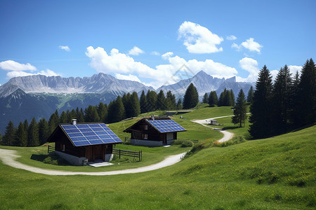 高山小屋绿色山间小屋背景