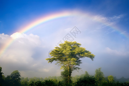 彩虹下的树木背景图片