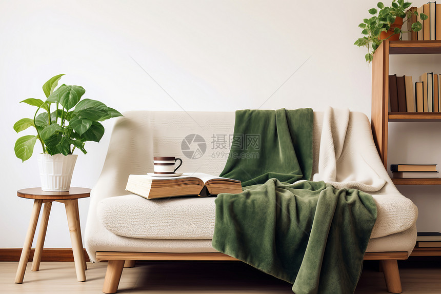 白色沙发上的绿色毯子图片