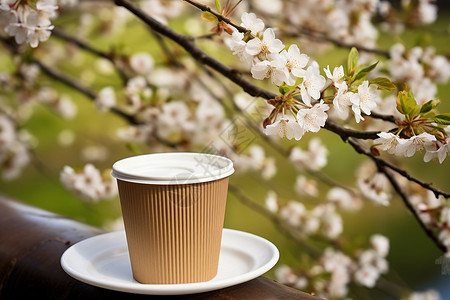 樱花下的咖啡杯背景图片
