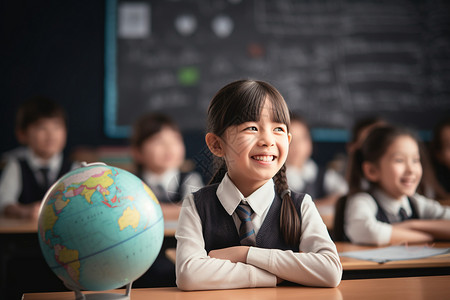 小女孩与地球仪背景图片