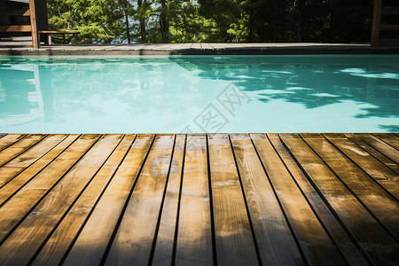 泳池边的木质平台高清图片