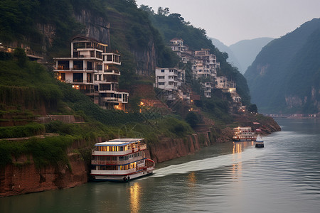 河畔建筑河道上的渡船背景