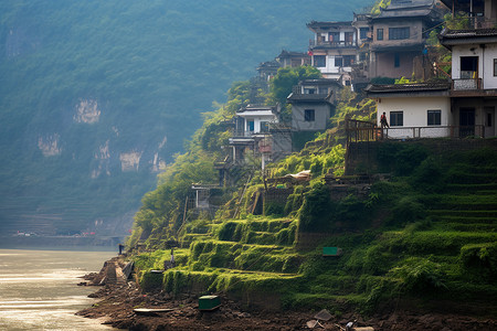 山水间的村落背景图片