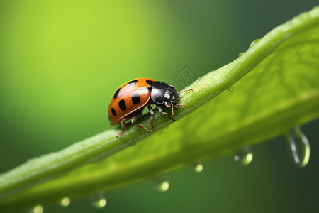 水滴绿叶上的瓢虫背景图片