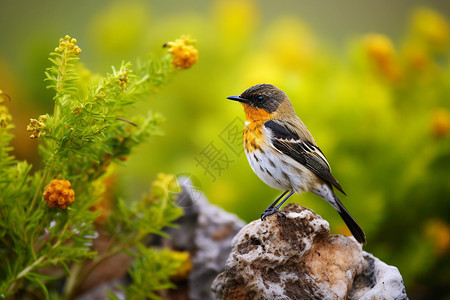 小鸟栖息在花园石头上背景图片