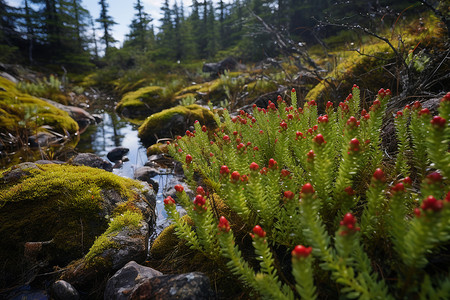 溪流边的红花灌木背景图片