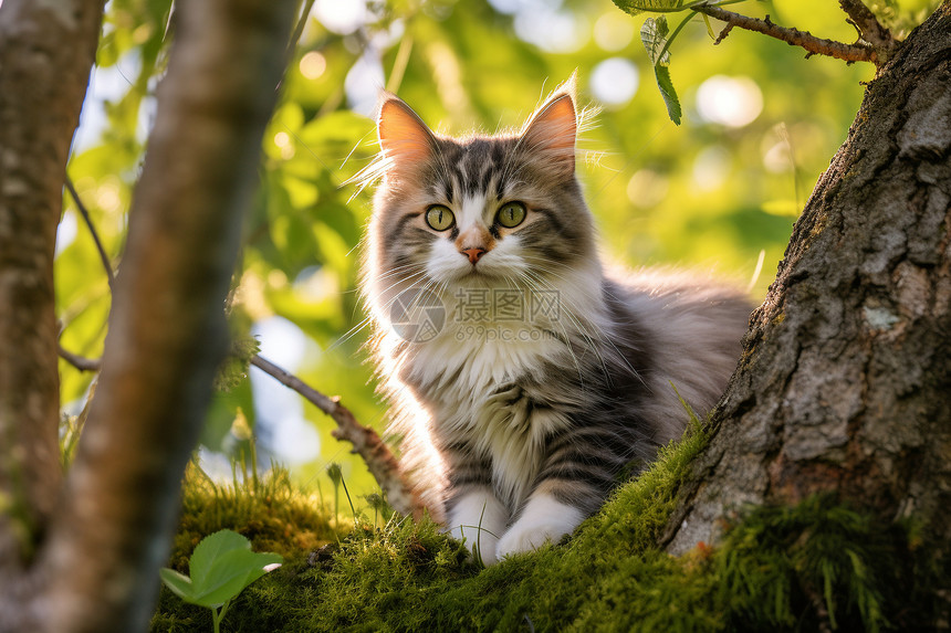蹲在树上的小猫图片