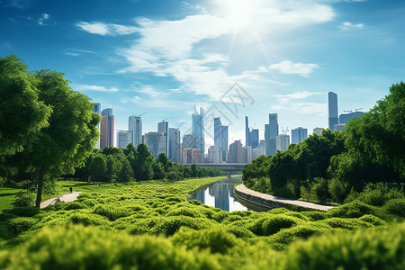 夏季郁郁葱葱的现代化城市建筑背景图片