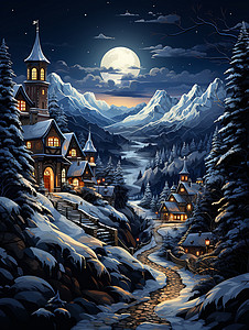 雪后月夜宁静的山间村庄背景图片