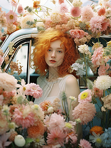 花束装饰汽车中的女子背景图片
