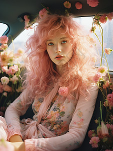 车内奇幻的粉发花朵女郎背景图片