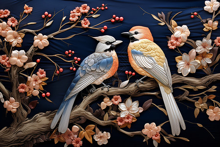 立体艺术感中式花鸟插图背景图片