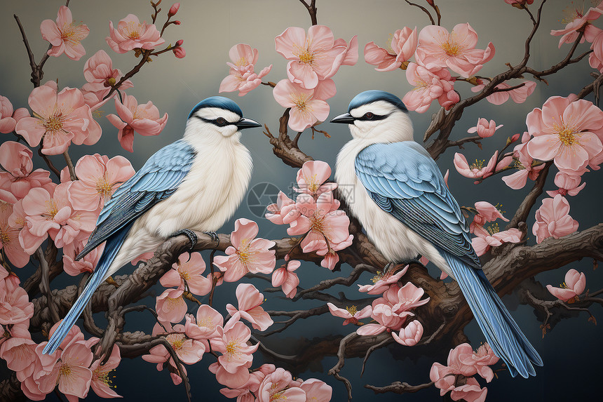 花枝上的鸟儿中式插图图片