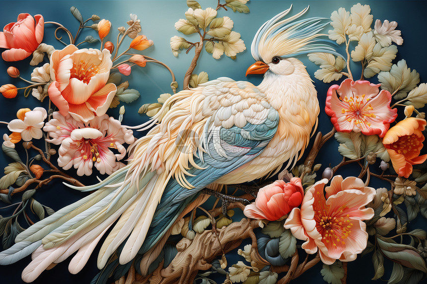 中式传统的花鸟艺术插图图片