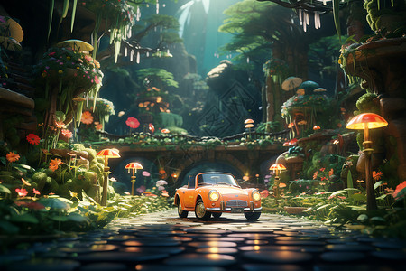 梦幻森林中停靠的老式汽车背景图片