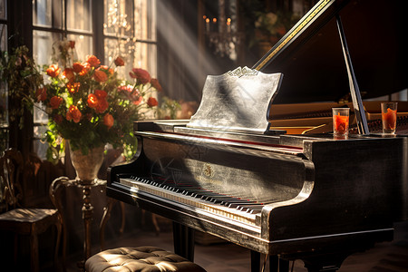 阳光明媚的钢琴房背景图片
