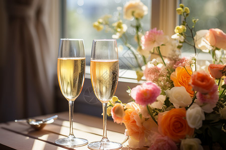 香槟温馨庆祝节日的鲜花香槟桌面背景