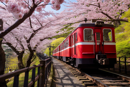 森林列车轨道上的红色列车背景