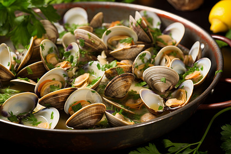贝壳类海鲜美味的地中海炖蛤蜊背景