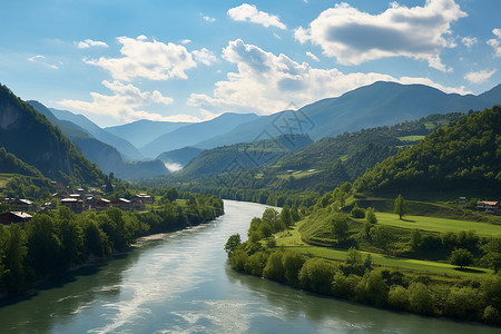 波斯尼亚城市绿野青山中的河流背景
