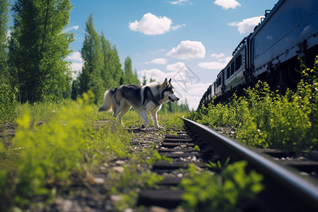 狗狗在火车轨道上背景图片