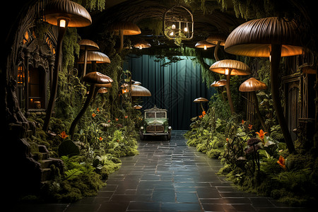 创意蘑菇林中的老式汽车背景图片