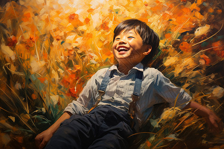 秋季麦田中快乐的男孩背景图片