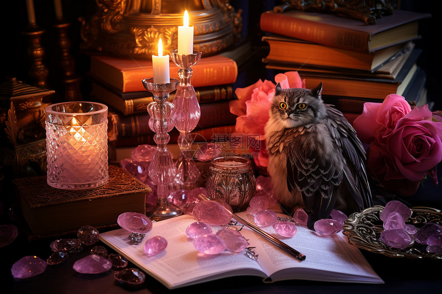 猫头鹰旁精致的粉水晶烛台图片