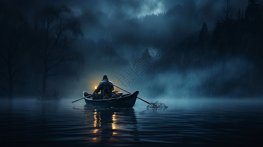 夜晚湖畔钓鱼者背景图片