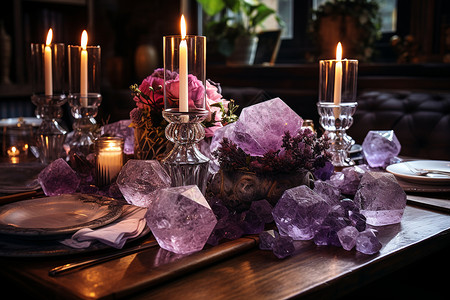 烛台旁的紫色水晶装饰高清图片