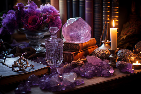 桌面上散落的紫色水晶背景图片