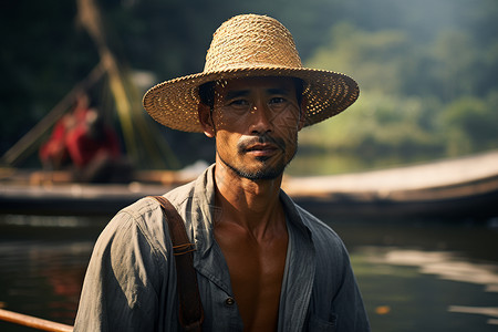 渔船上的草帽男高清图片