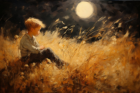 夜晚稻田上的小男孩背景图片