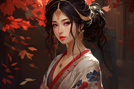 漂亮美女服装红叶树前的美女插画