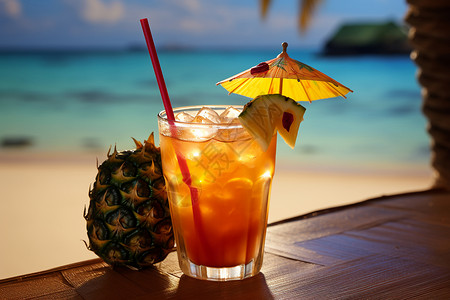 海滩水果热带风情的夏日鸡尾酒背景