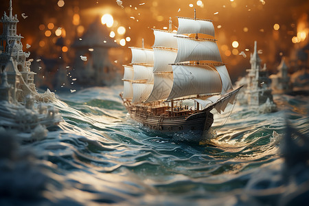 3d海浪波涛汹涌海浪中的帆船插画