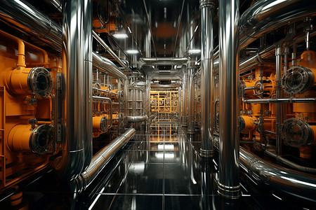 核反应堆内部的复杂机械与管道背景图片