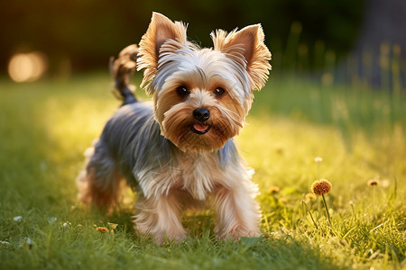 草地上可爱的约克夏犬背景
