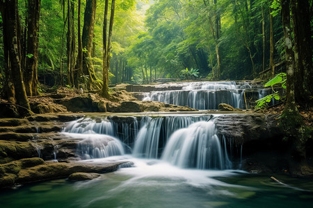 茂盛树林夏季山间清澈的溪流背景