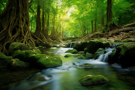 夏季山间静谧的溪流景观背景图片