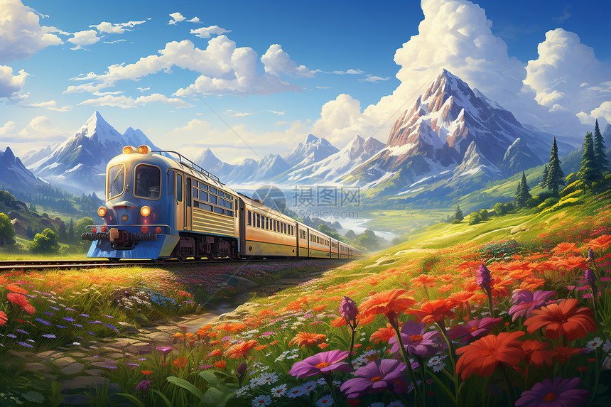 春季山间驶过的列车插图图片