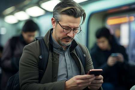 地铁中看手机的职场男子背景图片